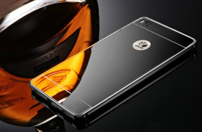 Други Бъмпъри за телефони Луксозен алуминиев бъмпър с огледален твърд гръб за Huawei P8 GRA-L09 черен